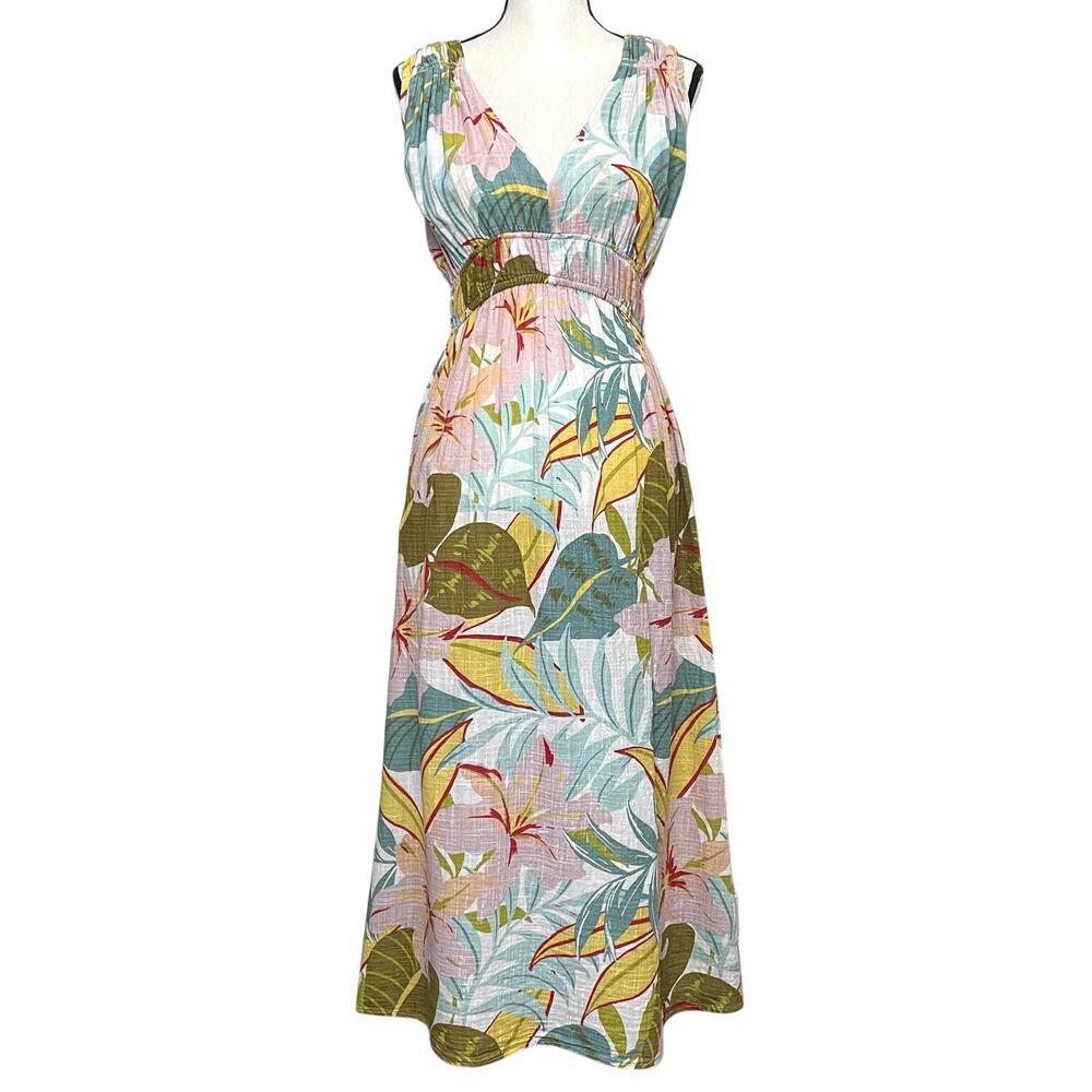 Blue Island Tropical Floral V-Neck Maxi Dress Synched Waist Cotton Blend Size S